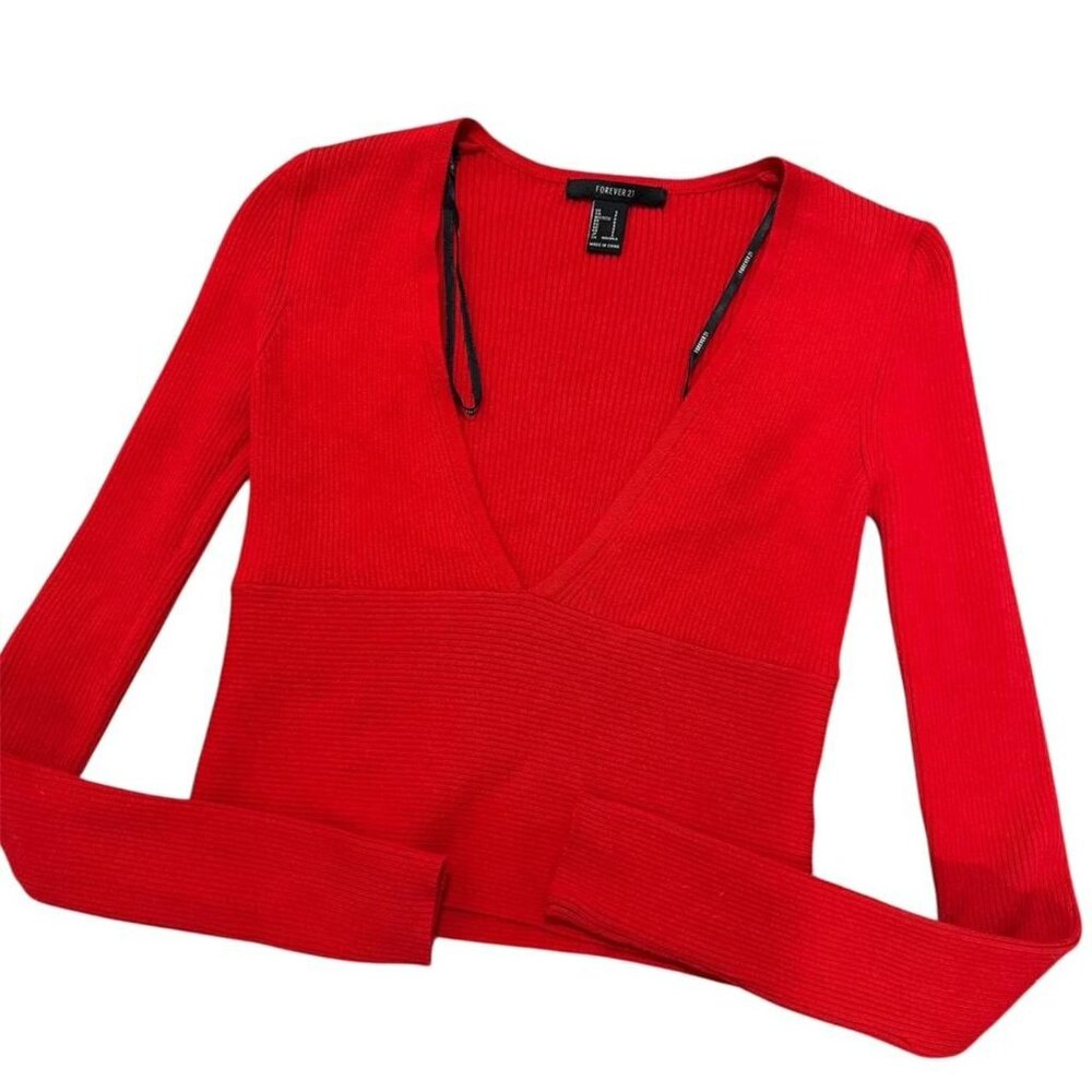 NWOT F21 Red Sexy Plunge V Neck Ribbed Knit Longsleeve Top// Y2K Model Off Duty